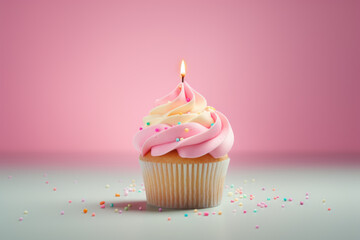 Birthday cupcake with candles on pastel colored background