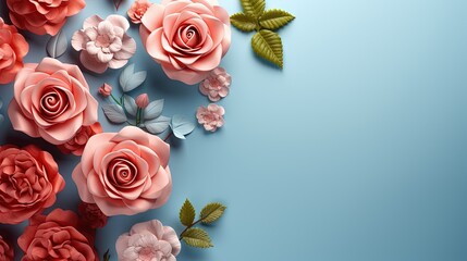  a bunch of pink flowers with leaves on a blue background.  generative ai