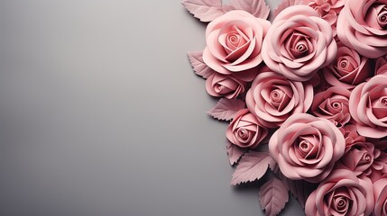  a bunch of pink roses with leaves on a gray background.  generative ai