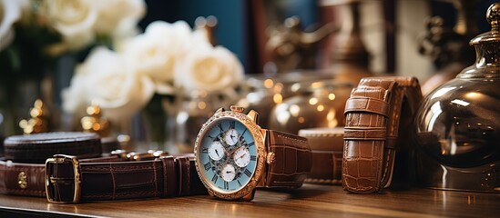 Dressing room displays elegant wristwatches on table