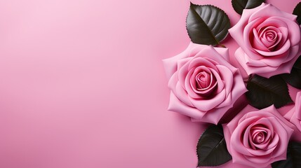  a group of pink roses with leaves on a pink background.  generative ai