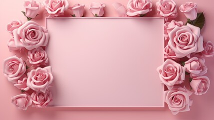  a pink frame with pink roses on a light pink background.  generative ai