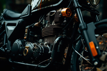 engine and interior of a new design motorcycle, closeup - obrazy, fototapety, plakaty