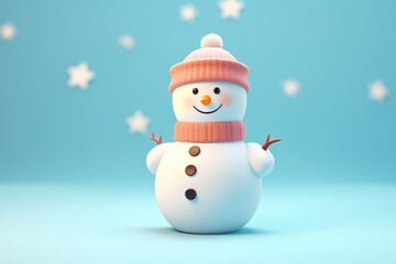 Cute snowman in a hat and scarf. 3d render illustration