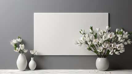  three white vases with white flowers in front of a gray wall.  generative ai