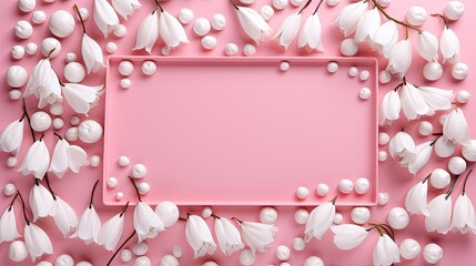  a pink frame surrounded by white flowers on a pink background.  generative ai