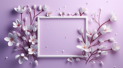  a white frame surrounded by white flowers on a purple background.  generative ai