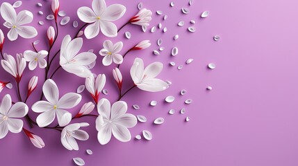  a bunch of white flowers with petals on a purple background.  generative ai