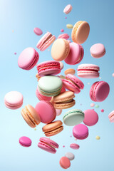 Obraz premium Different types of macaroons in motion falling on a colorful background