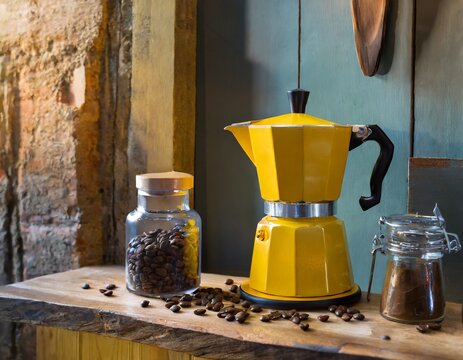 Yellow moka pots on the table, there is coffee beans in jar and its cafe ambiance