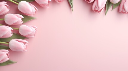  pink tulips on a pink background with green leaves.  generative ai