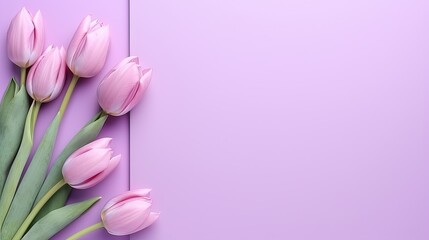 a bouquet of pink tulips on a purple background.  generative ai