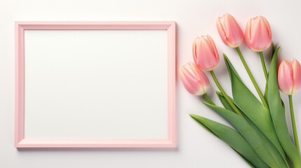  a pink frame with pink tulips on a white background.  generative ai