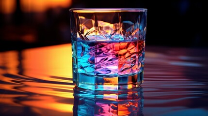 A glass filled with water, light refracting and creating colorful prism effects.