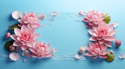  a blue background with pink flowers and water lilies on it.  generative ai