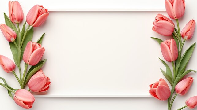 a picture frame with pink tulips on a white background.  generative ai