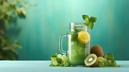  a mason jar filled with green liquid and a sliced kiwi.  generative ai