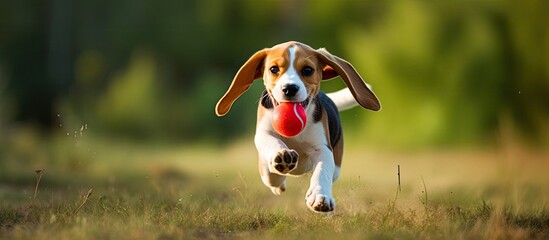 Joyful Beagle pup playing happily with a red ball in the meadow