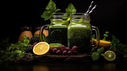  a couple of mason jars filled with green smoothies and fruit.  generative ai
