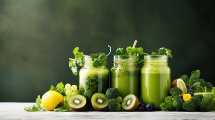  a table topped with mason jars filled with green smoothies.  generative ai