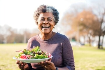 African old woman eating healthy salad after exercising in the park in sportswear during the day - obrazy, fototapety, plakaty