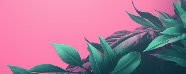 Fototapeta na wymiar Green plants on pink background banner