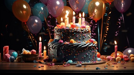  a birthday cake with lit candles surrounded by balloons and confetti.  generative ai