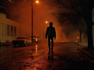 Fototapeta premium Silhouette of a mysterious person walking on a foggy, dimly lit street at night. Great for stories about crime, suspense, horror, loneliness, mystery, horror and more. 