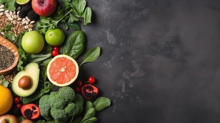  a variety of fruits and vegetables on a black background with a place for a text.  generative ai