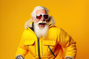Cheerful grandfather, an elderly man in a winter ski jacket posing on a yellow background. Studio shooting - Powered by Adobe
