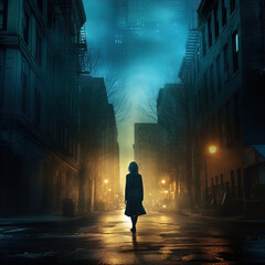 Fototapeta premium Silhouette of a mysterious person walking on a foggy, dimly lit street at night. Great for stories about crime, suspense, horror, loneliness, mystery, horror and more. 