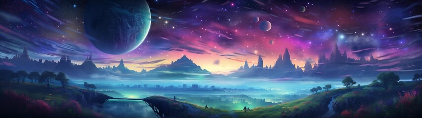 fondo panorámico para doble pantalla o banner de un paisaje fantástico con planetas y estrellas con colores vibrantes