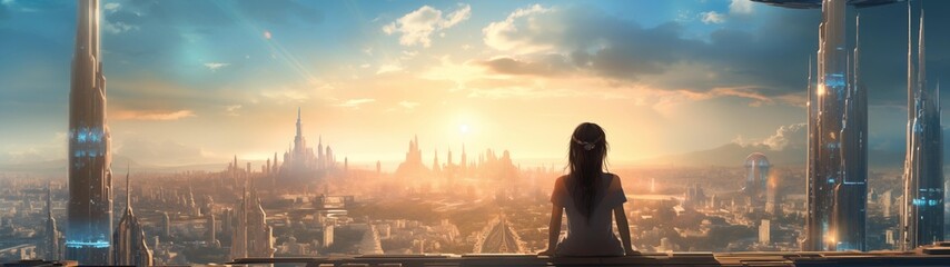 Fototapeta na wymiar fondo panorámico para doble pantalla o banner de un atardecer en una ciudad futurista con mujer en un balcón