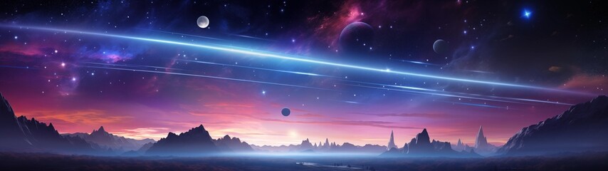 Fototapeta na wymiar fondo panorámico para doble pantalla o banner de un horizonte mágico con planetas y estrellas de color vibrante