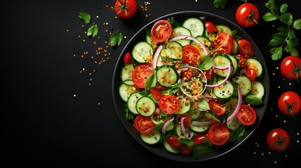  a plate of sliced cucumbers, onions, tomatoes and herbs.  generative ai