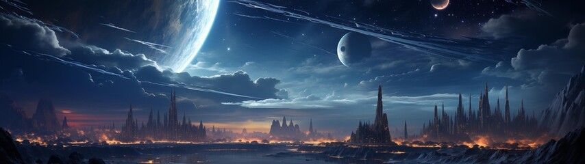 fondo panorámico para doble pantalla o banner de un paisaje de ciudades de otro planeta con un cielo nublado y vista de las estrellas y planetas de la galaxia