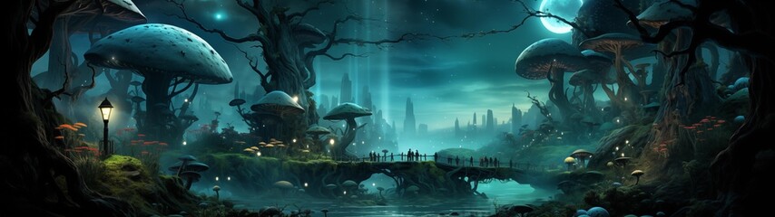 fondo panorámico para doble pantalla o banner de un bosque encantado de hongos gigantes en una noche mágica y surrealista