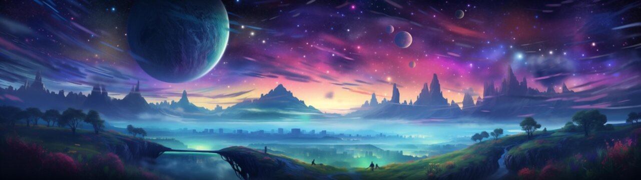 fondo panor&aacute;mico para doble pantalla o banner de un paisaje fant&aacute;stico con planetas y estrellas con colores vibrantes