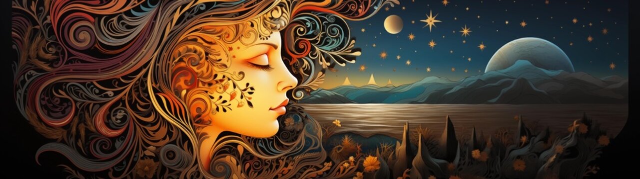 fondo panorámico para doble pantalla o banner de una ilustración de la cara de una mujer dormida y un paisaje nocturno de fantasía con luna y estrellas