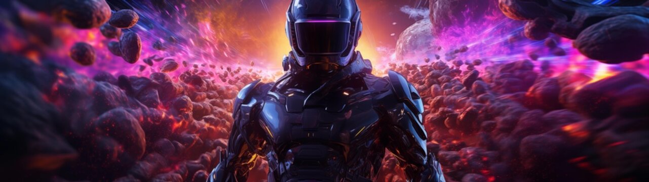 fondo panor&aacute;mico para doble pantalla o banner de un soldado futurista en un campo de batalla c&oacute;smico con luces de ne&oacute;n