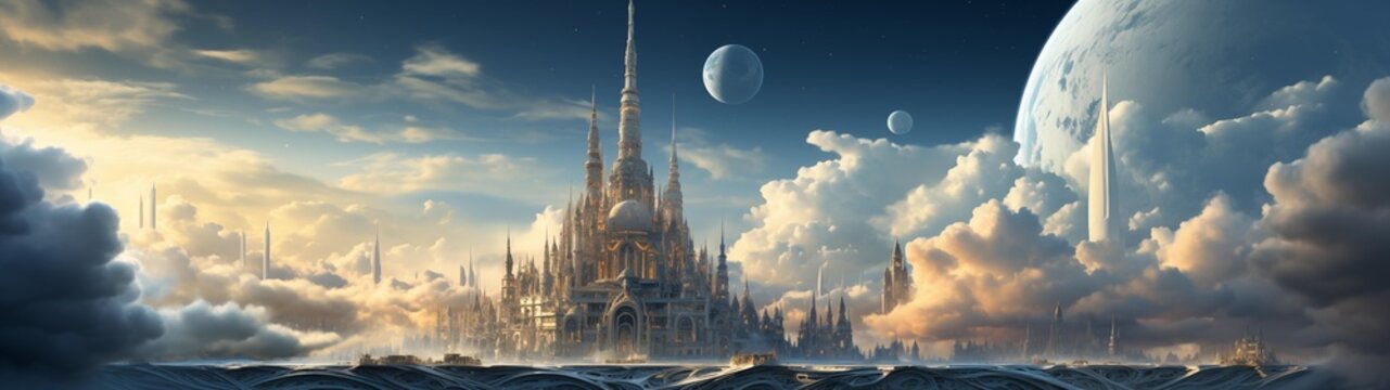 fondo panor&aacute;mico para doble pantalla o banner de una ciudad futurista sobre una plataforma en el cielo, flotante, con planetas y nubes a su alrededor