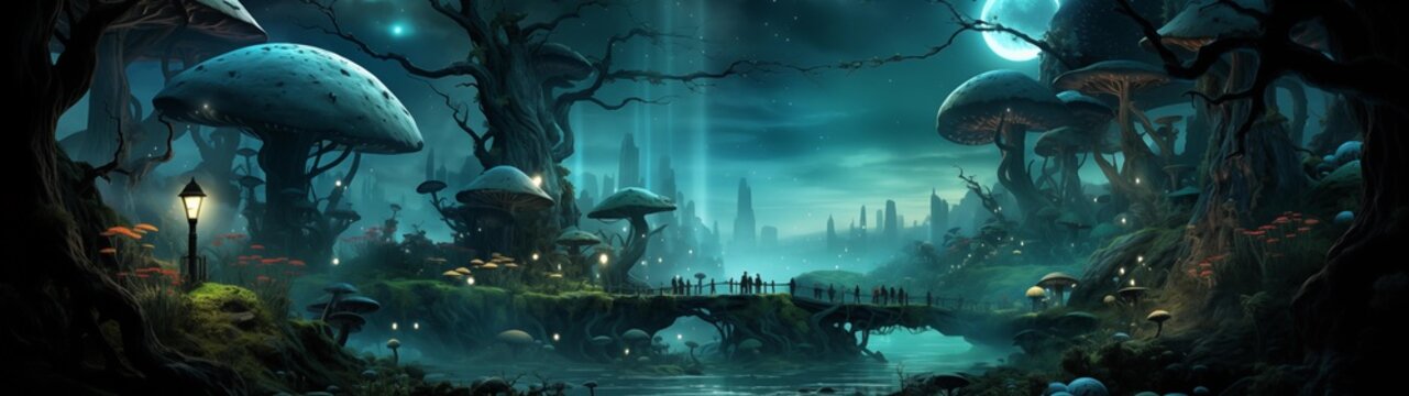 fondo panor&aacute;mico para doble pantalla o banner de un bosque encantado de hongos gigantes en una noche m&aacute;gica y surrealista