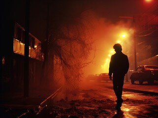 Silhouette of a mysterious person walking on a foggy, dimly lit street at night. Great for stories about crime, suspense, horror, loneliness, mystery, horror and more.  - obrazy, fototapety, plakaty