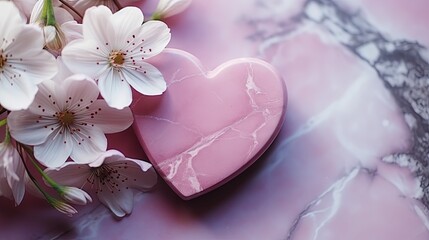  a pink heart shaped box sitting next to flowers on a marble surface.  generative ai