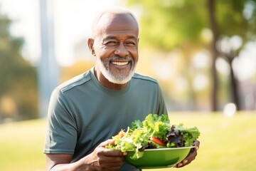 African old man eating healthy salad after exercising in the park in sportswear during the day