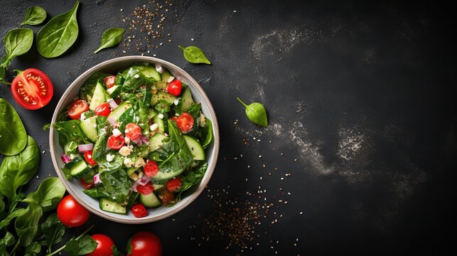  a salad with cucumbers, tomatoes, onions and spinach.  generative ai