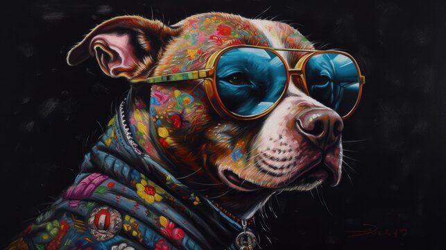 Portrait of a dog with glasses and colorful patterns on his face.