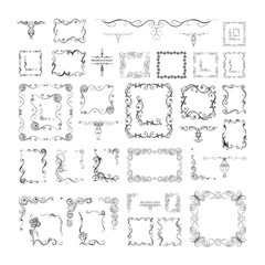 Frames big set, corners, ornate frame, decorative elements, greeting card, laser cutting, wedding decoration. Decorative design scroll elements calligraphic isolated vector drawing.