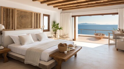 Bedroom interior in a luxurious Mediterranean style villa. - obrazy, fototapety, plakaty