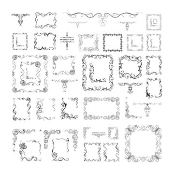 Frames big set, corners, ornate frame, decorative elements, greeting card, laser cutting, wedding decoration. Decorative design scroll elements calligraphic isolated vector drawing.